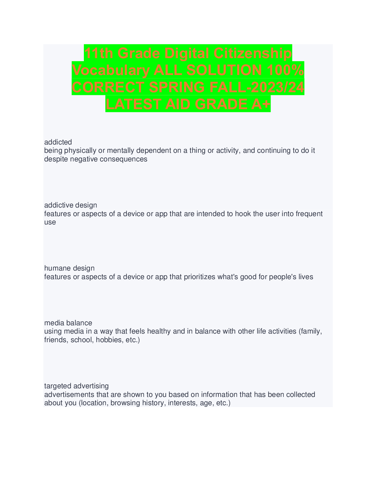 Preview image for 11th Grade Digital Citizenship Vocabulary ALL SOLUTION 100% CORRECT SPRING FALL-2023/24 LATEST AID GRADE A+